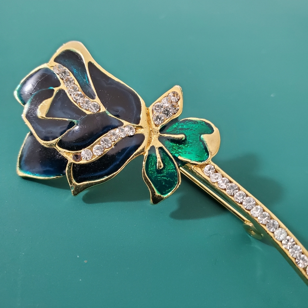 Enamel Green Rose Rhinestones Brooch